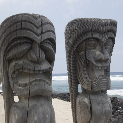 Wood Statue In Puuhouna In Hawaii In The National Historical Park.